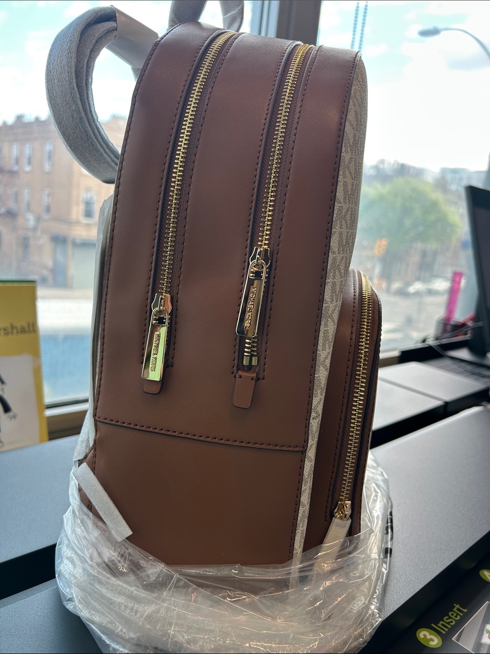 Michael Kors Tan Beige Logo Backpack with Brown Trim - Picture 3 of 7